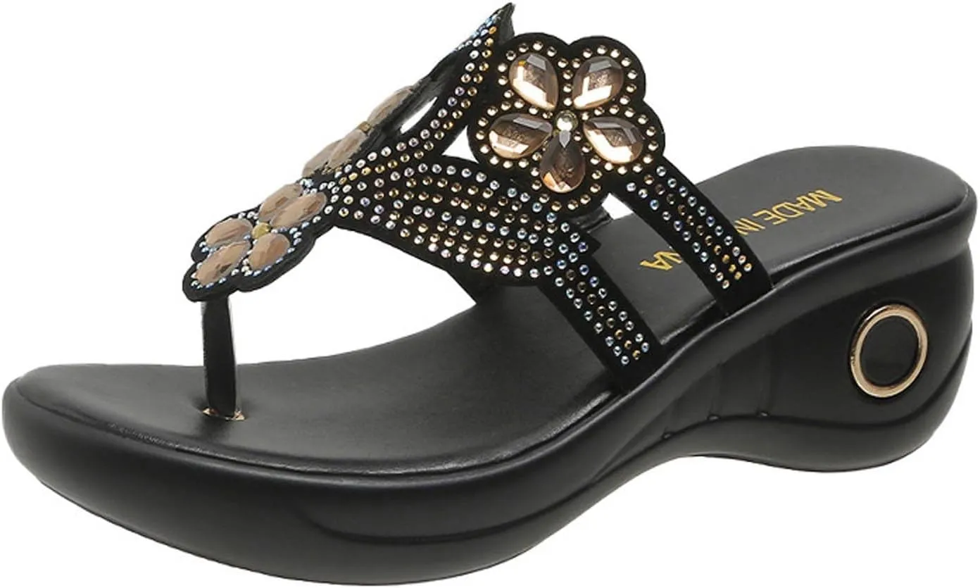 Women's Floral Embellished Stylish Sandal Orthopedic Arch Support Flip Flop Jewelry Clip Toe Shoe Solid Thong Sandals