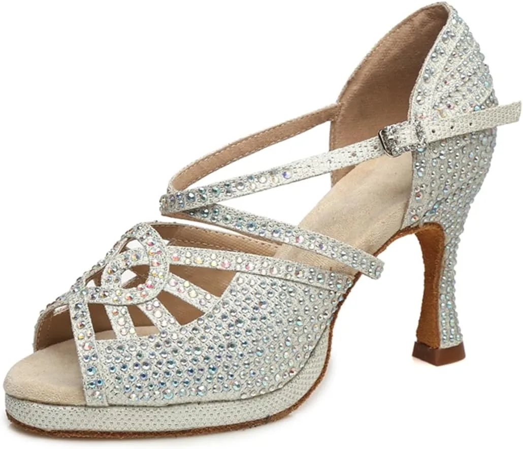 Women's Glitter Rhinestones Open Toe Latin Ballroom Dance Shoes Tango Party Wedding Practice Dance Sandals