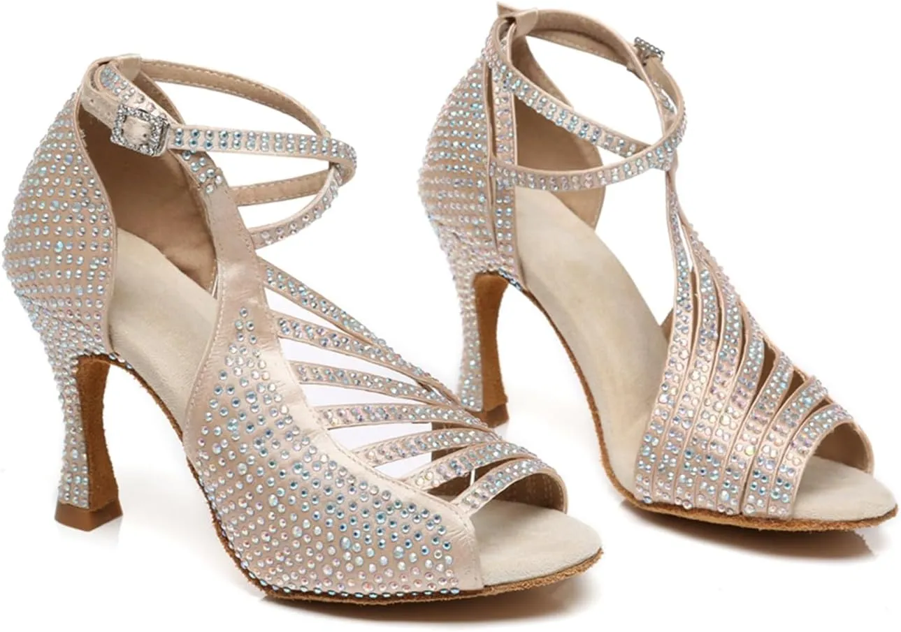 Women's Glitter Rhinestones Open Toe Latin Ballroom Dance Shoes Tango Party Wedding Practice Dance Sandals
