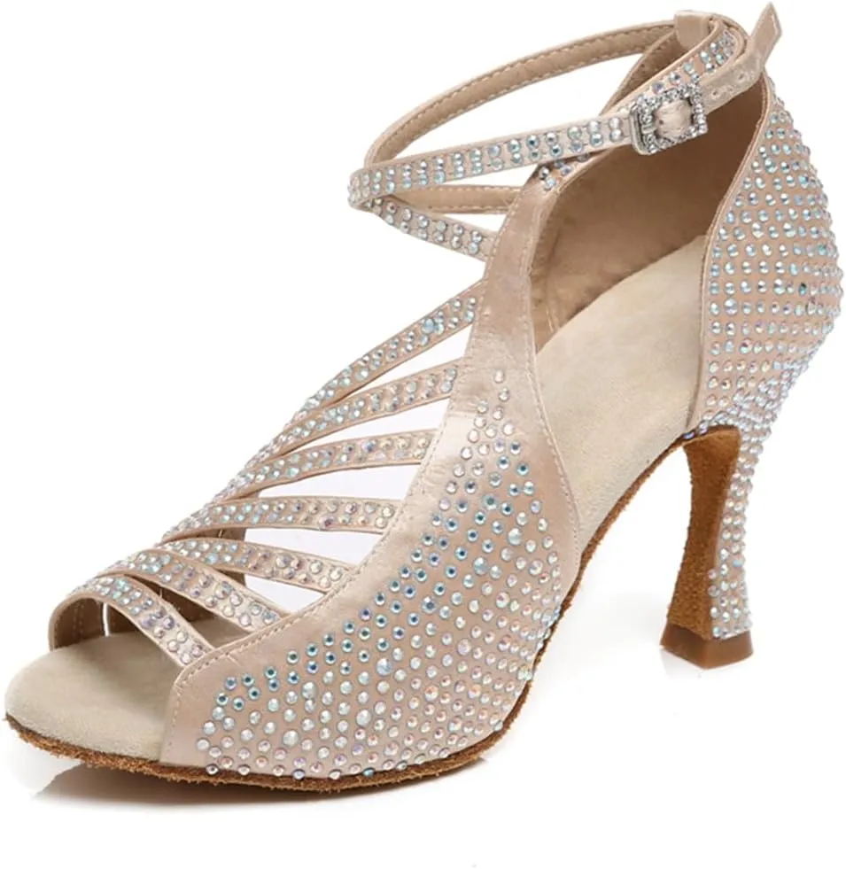 Women's Glitter Rhinestones Open Toe Latin Ballroom Dance Shoes Tango Party Wedding Practice Dance Sandals