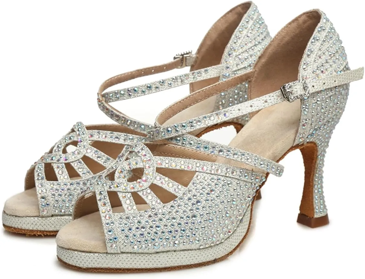 Women's Glitter Rhinestones Open Toe Latin Ballroom Dance Shoes Tango Party Wedding Practice Dance Sandals