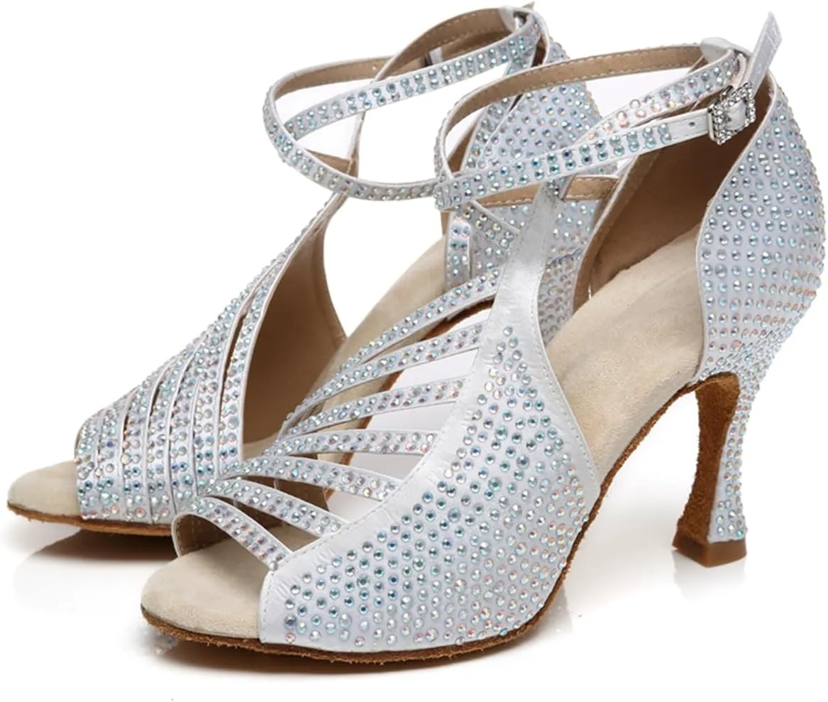 Women's Glitter Rhinestones Open Toe Latin Ballroom Dance Shoes Tango Party Wedding Practice Dance Sandals