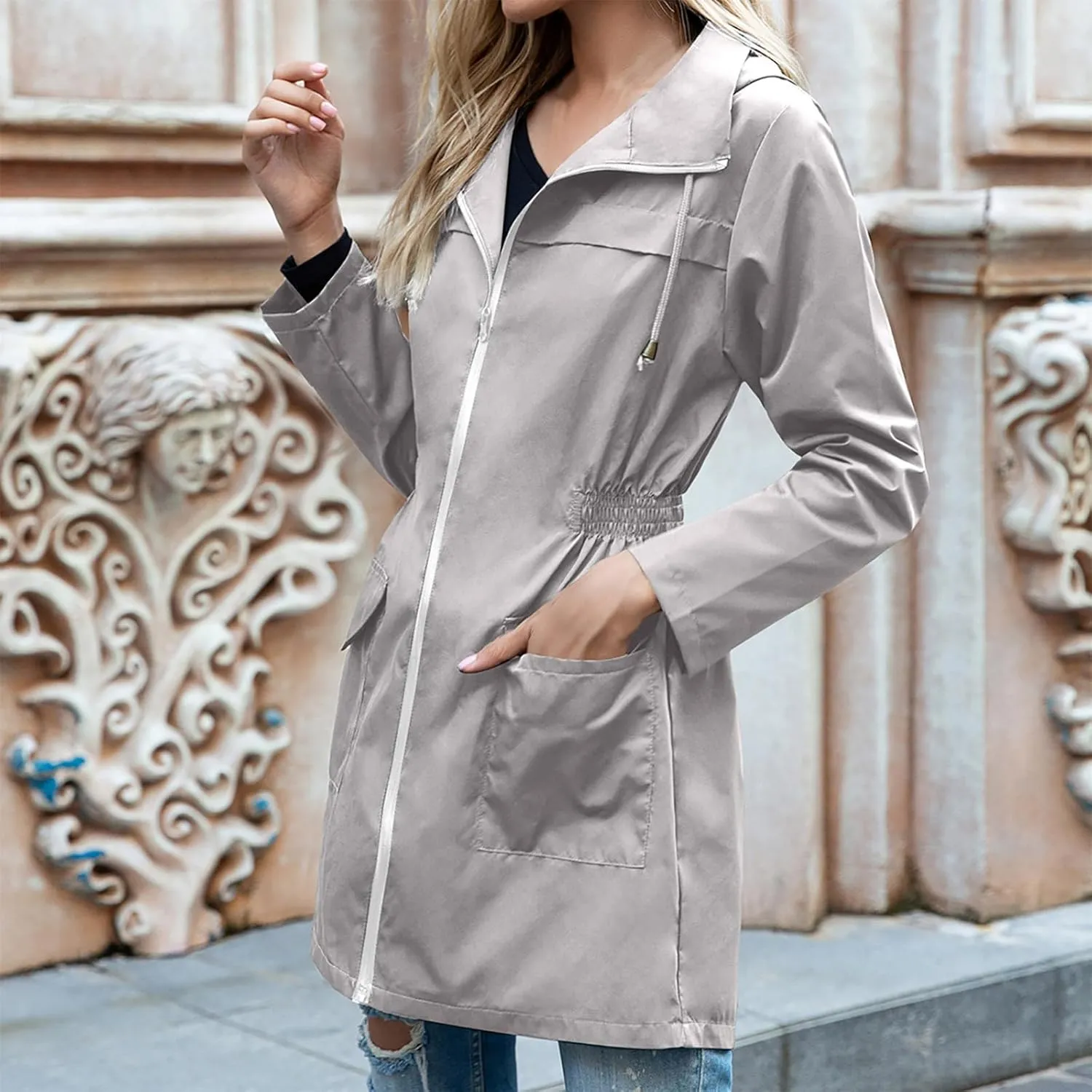 Women's Hooded Lightweight Raincoat Windbreaker Rainproof Outdoor Jackets Waist Up Coats Stormtrooper