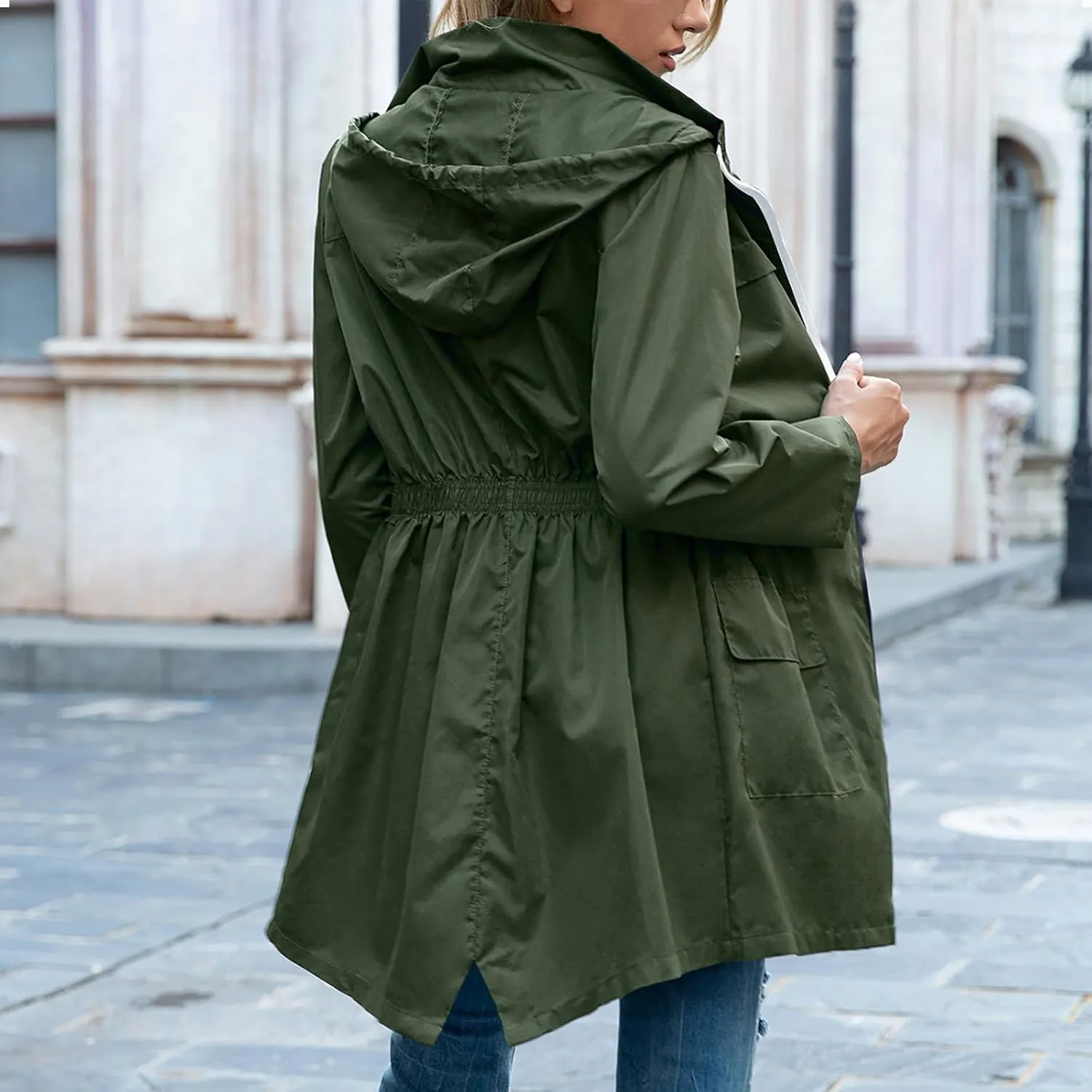 Women's Hooded Lightweight Raincoat Windbreaker Rainproof Outdoor Jackets Waist Up Coats Stormtrooper