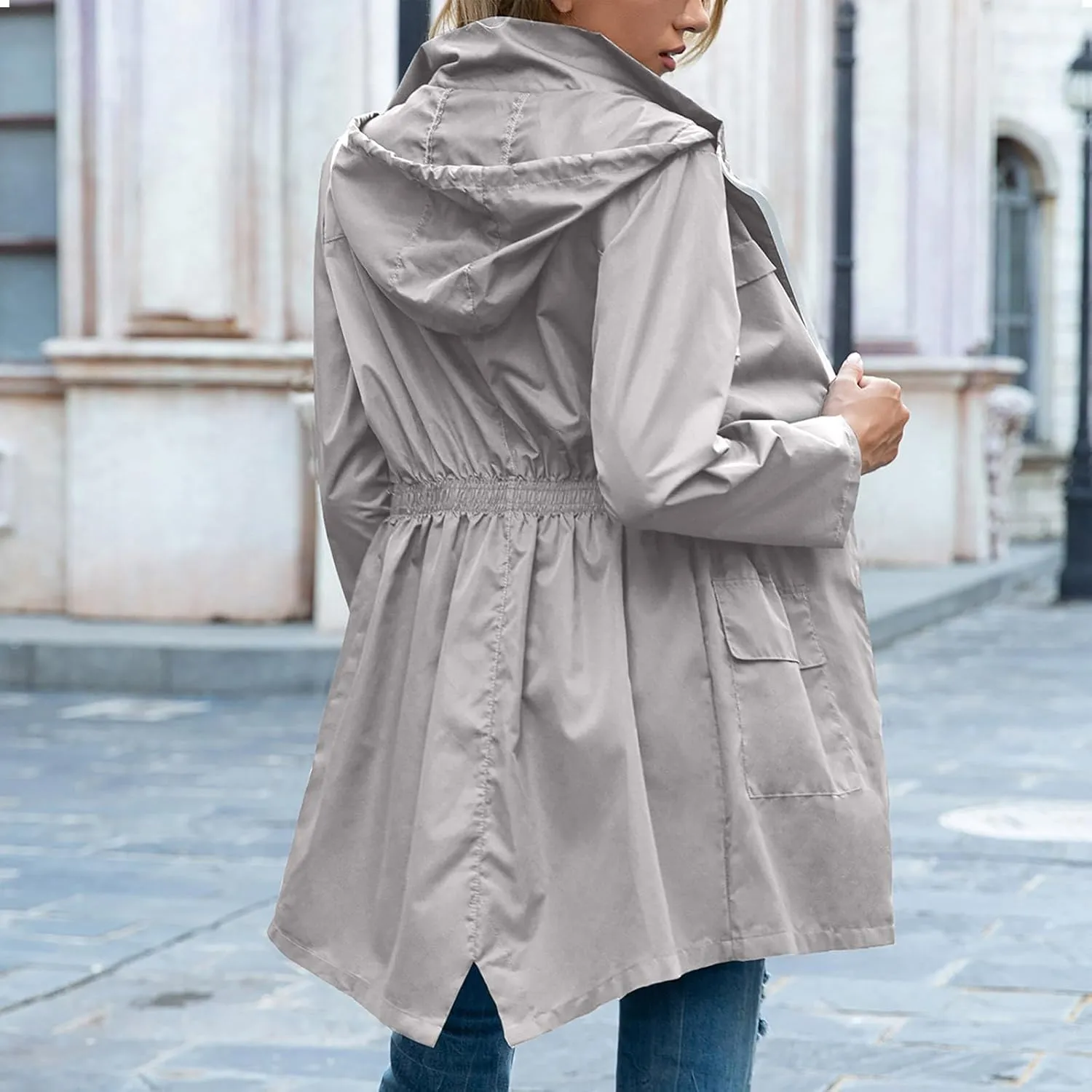Women's Hooded Lightweight Raincoat Windbreaker Rainproof Outdoor Jackets Waist Up Coats Stormtrooper