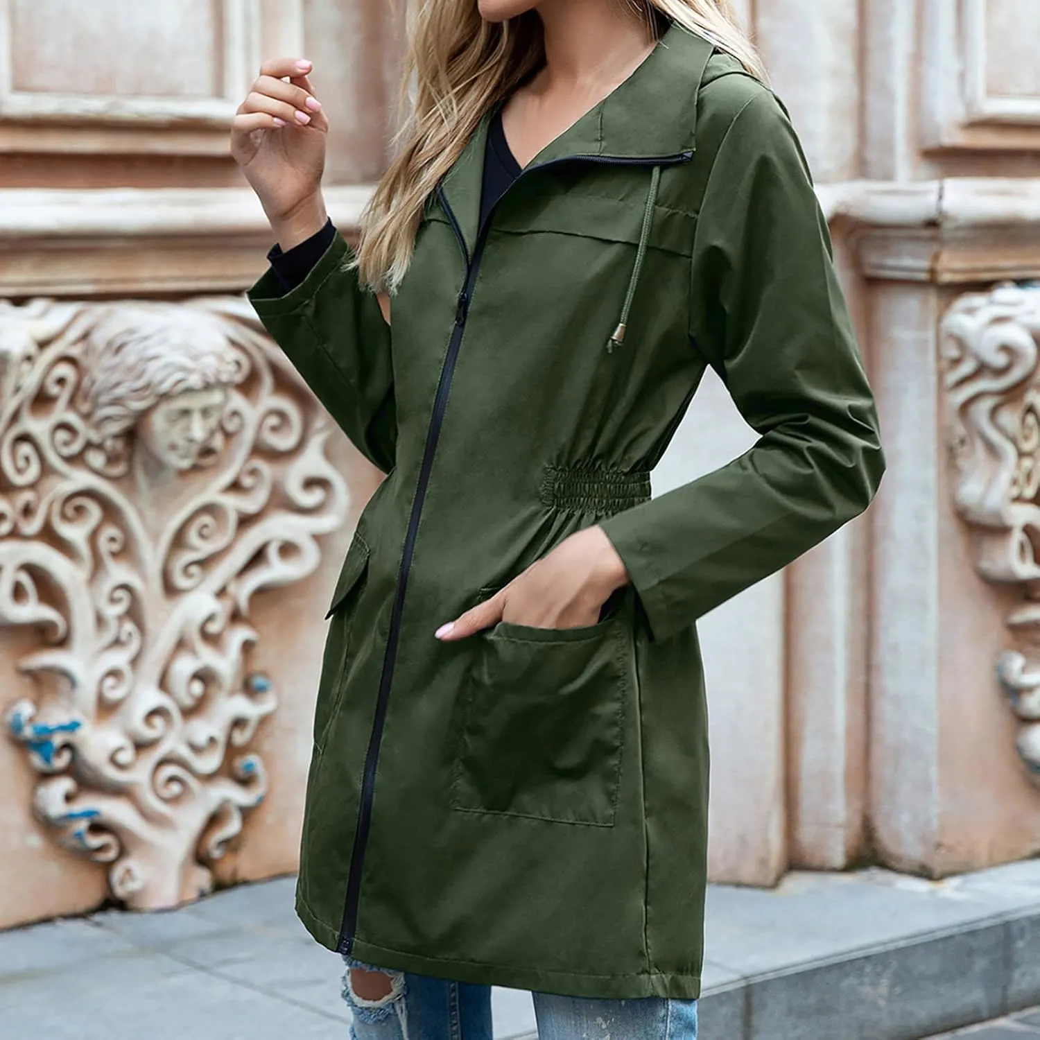 Women's Hooded Lightweight Raincoat Windbreaker Rainproof Outdoor Jackets Waist Up Coats Stormtrooper