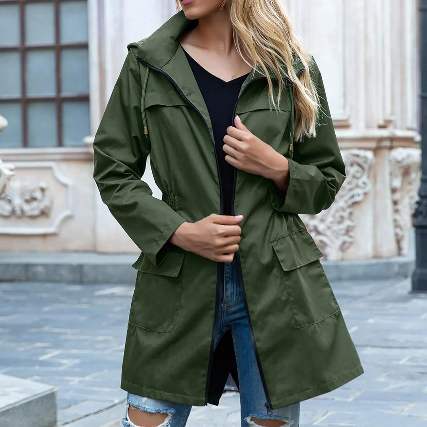 Women's Hooded Lightweight Raincoat Windbreaker Rainproof Outdoor Jackets Waist Up Coats Stormtrooper
