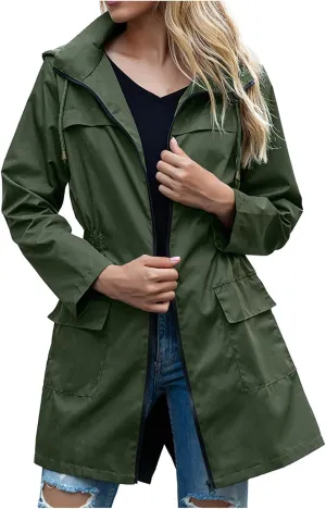 Women's Hooded Lightweight Raincoat Windbreaker Rainproof Outdoor Jackets Waist Up Coats Stormtrooper