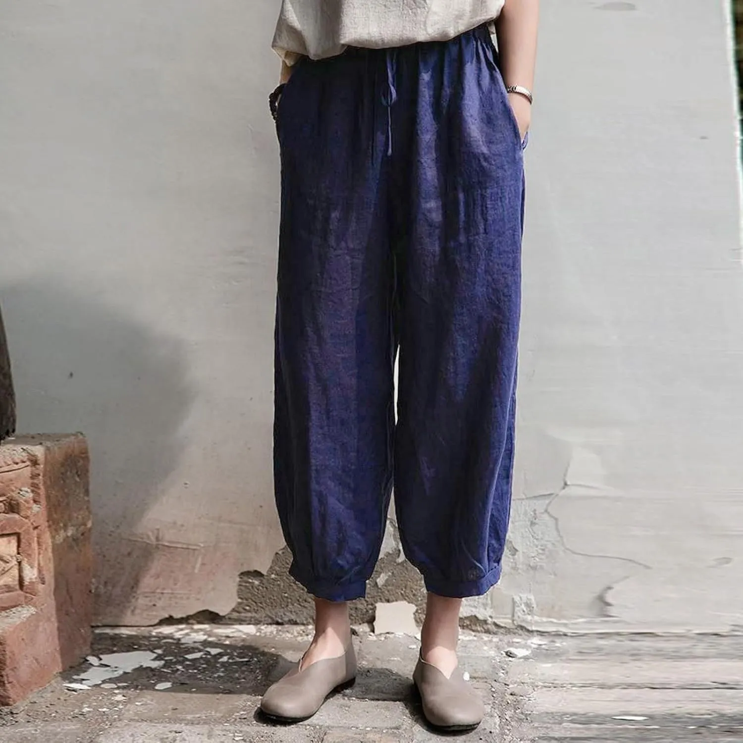 Womens Loose Harem Pants High Waist Casual Baggy Wide Leg Trousers Drawstring Breathable Beach Slacks with Pockets