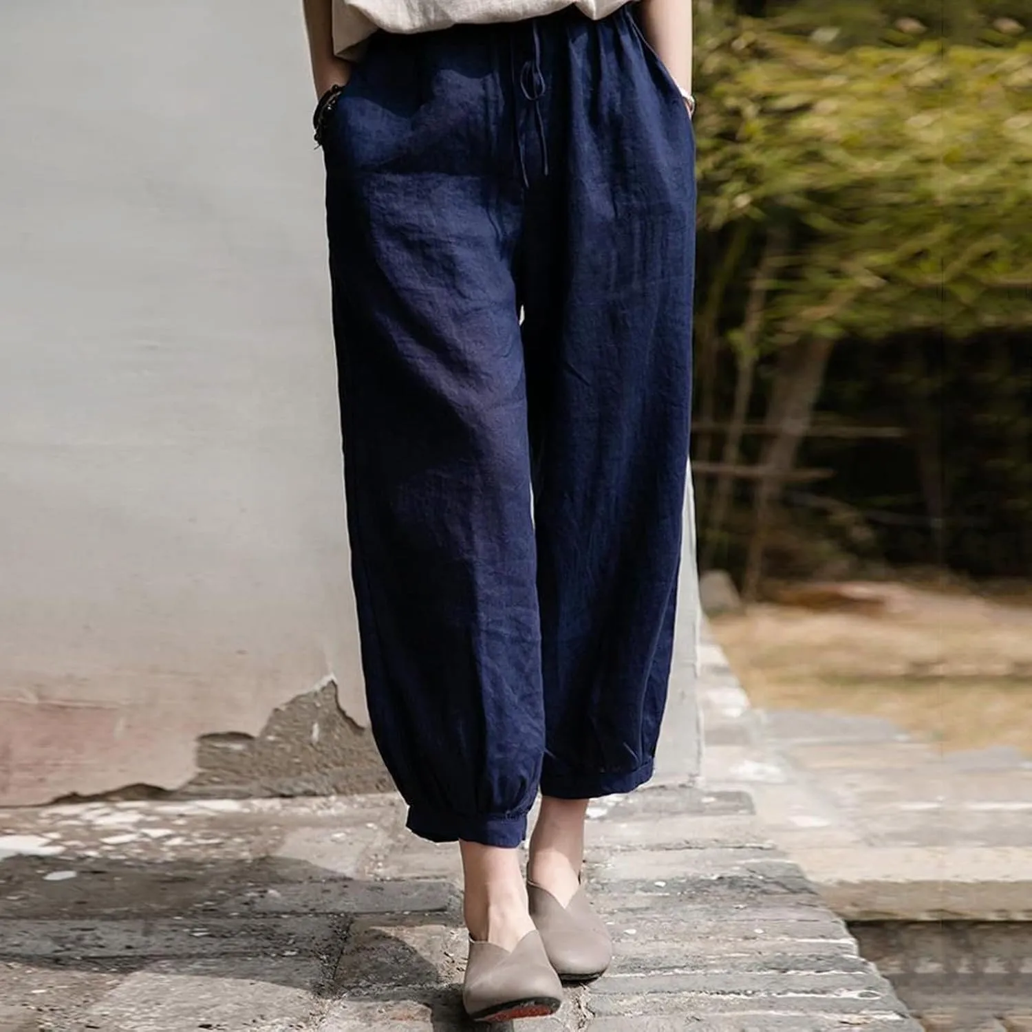 Womens Loose Harem Pants High Waist Casual Baggy Wide Leg Trousers Drawstring Breathable Beach Slacks with Pockets