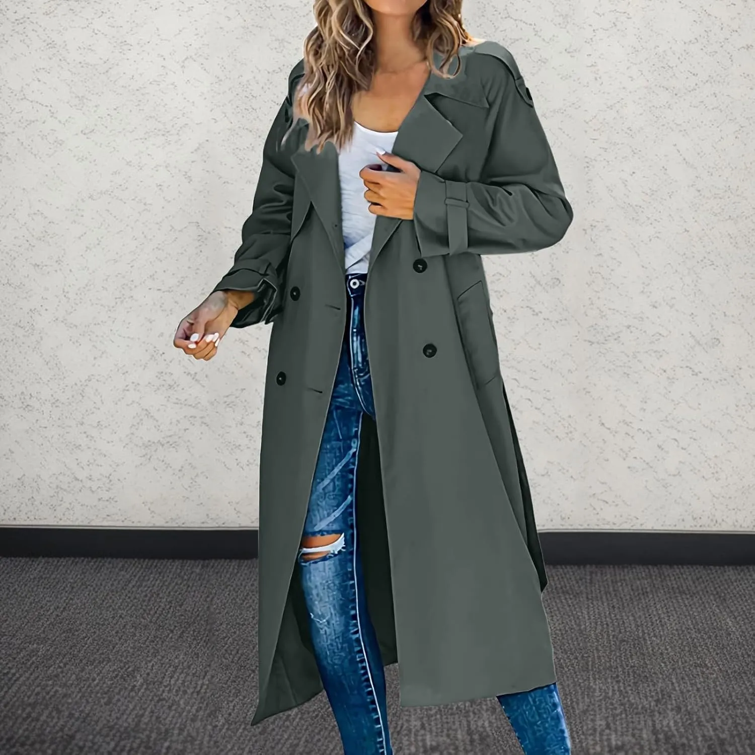 Women's Mid Length Oversized Button Coats Casual Solid Color Long Sleeve With Belt Jackets Lapel Fall Winter Clothes
