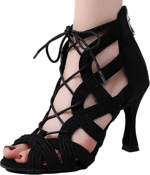 Women's Open Toe Ankle Latin Dance Boots Salsa Ballrooom Performence Practice Party Dancing Shoes Cross Strap Sandals