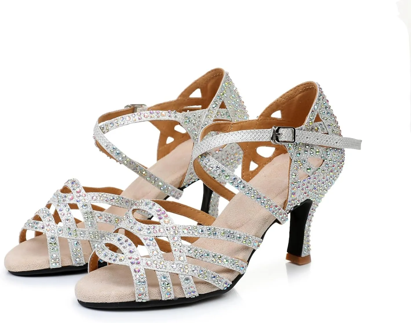 Women's Open Toe Glitter Material Rhinestone Latin Ballroom Dance Shoes Rumba Party Wedding Tango Dance Sandals QRX2207