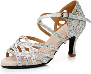 Women's Open Toe Glitter Material Rhinestone Latin Ballroom Dance Shoes Rumba Party Wedding Tango Dance Sandals QRX2207