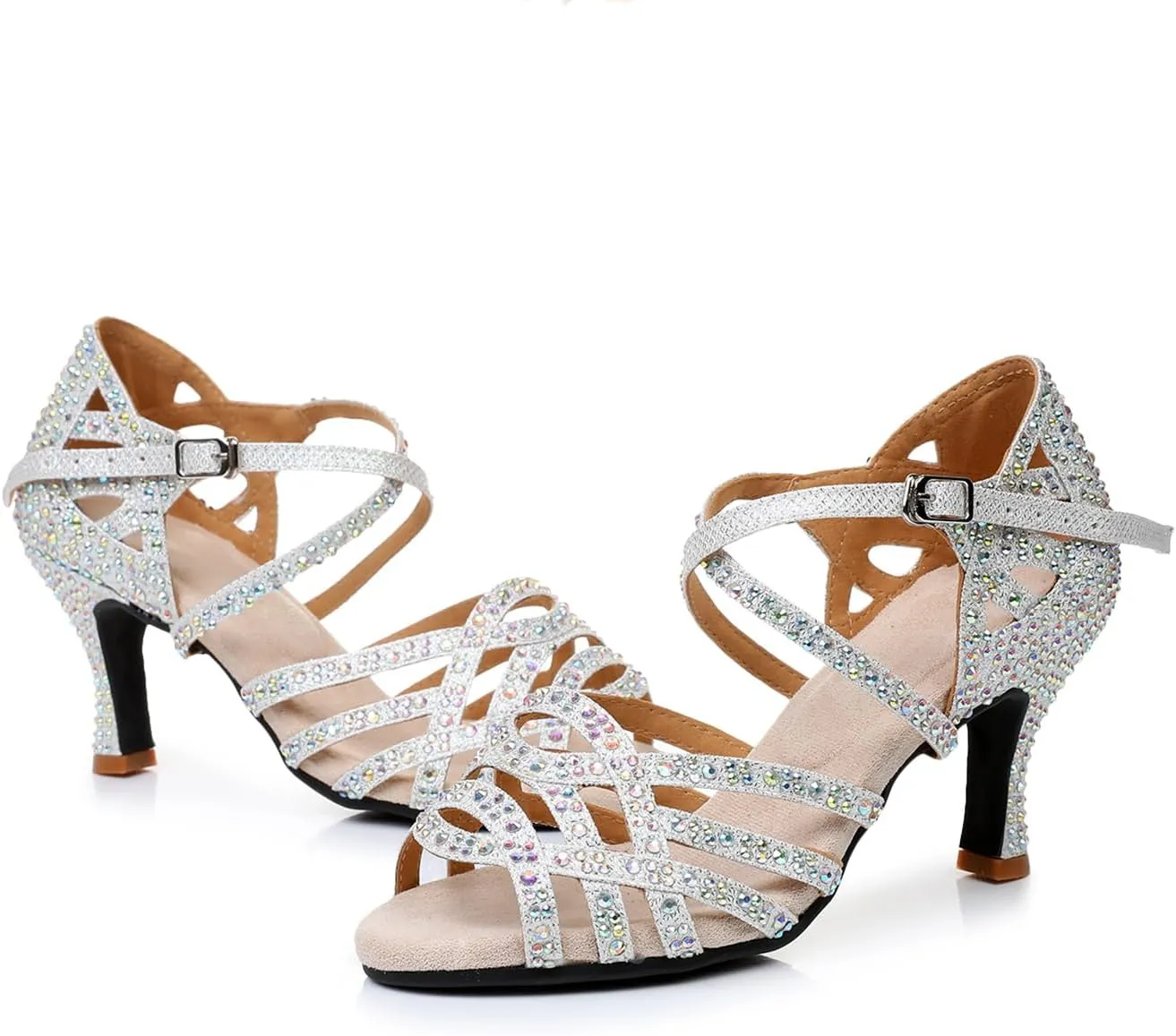 Women's Open Toe Glitter Material Rhinestone Latin Ballroom Dance Shoes Rumba Party Wedding Tango Dance Sandals QRX2207