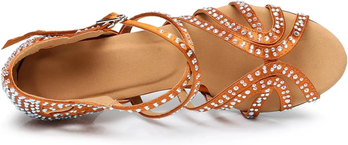 Women's Open Toe Rhinestone Latin Ballroom Dance Shoes Rumba Party Wedding Tango Dance Sandals QRX2209