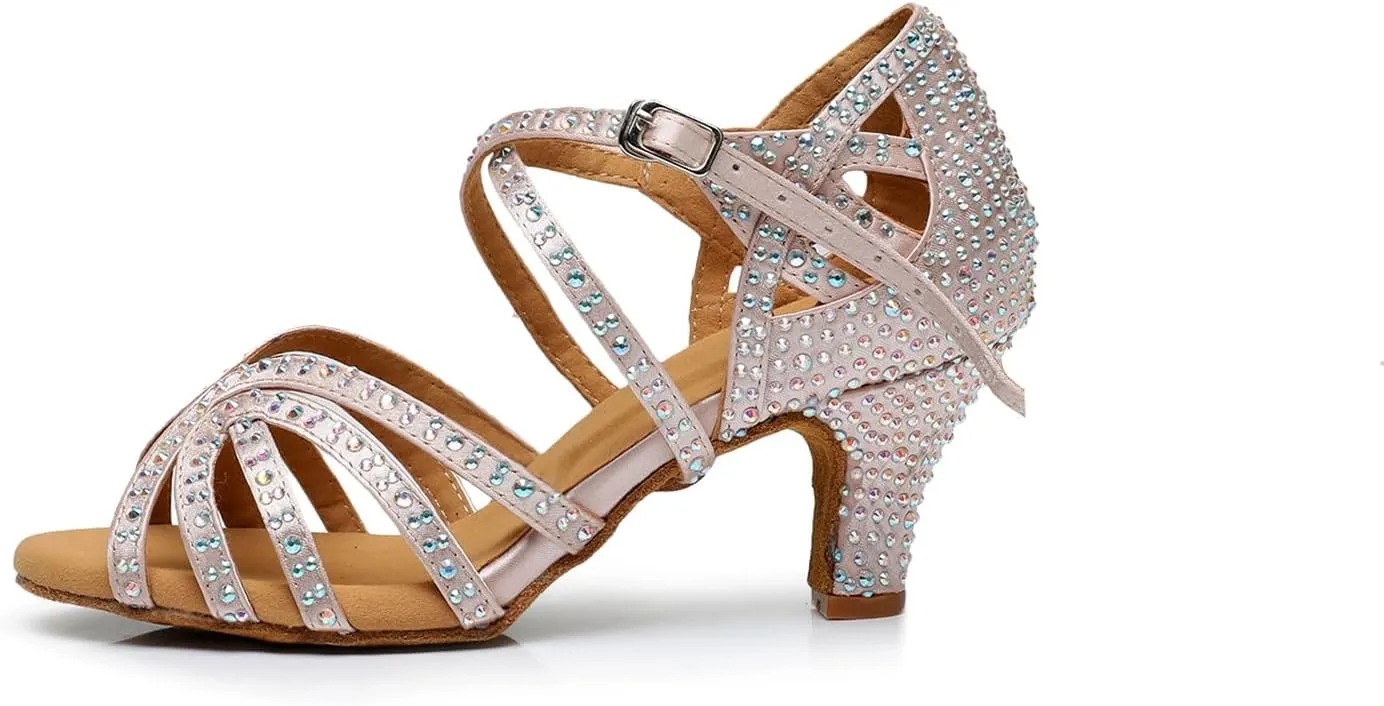 Women's Open Toe Rhinestone Latin Ballroom Dance Shoes Rumba Party Wedding Tango Dance Sandals QRX2209