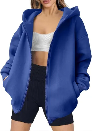 Women's Oversized Zip Up Hoodies Fleece Jacket Casual 2024 Fall Winter Hooded Sweatshirts Drawstring Y2K Hoodie