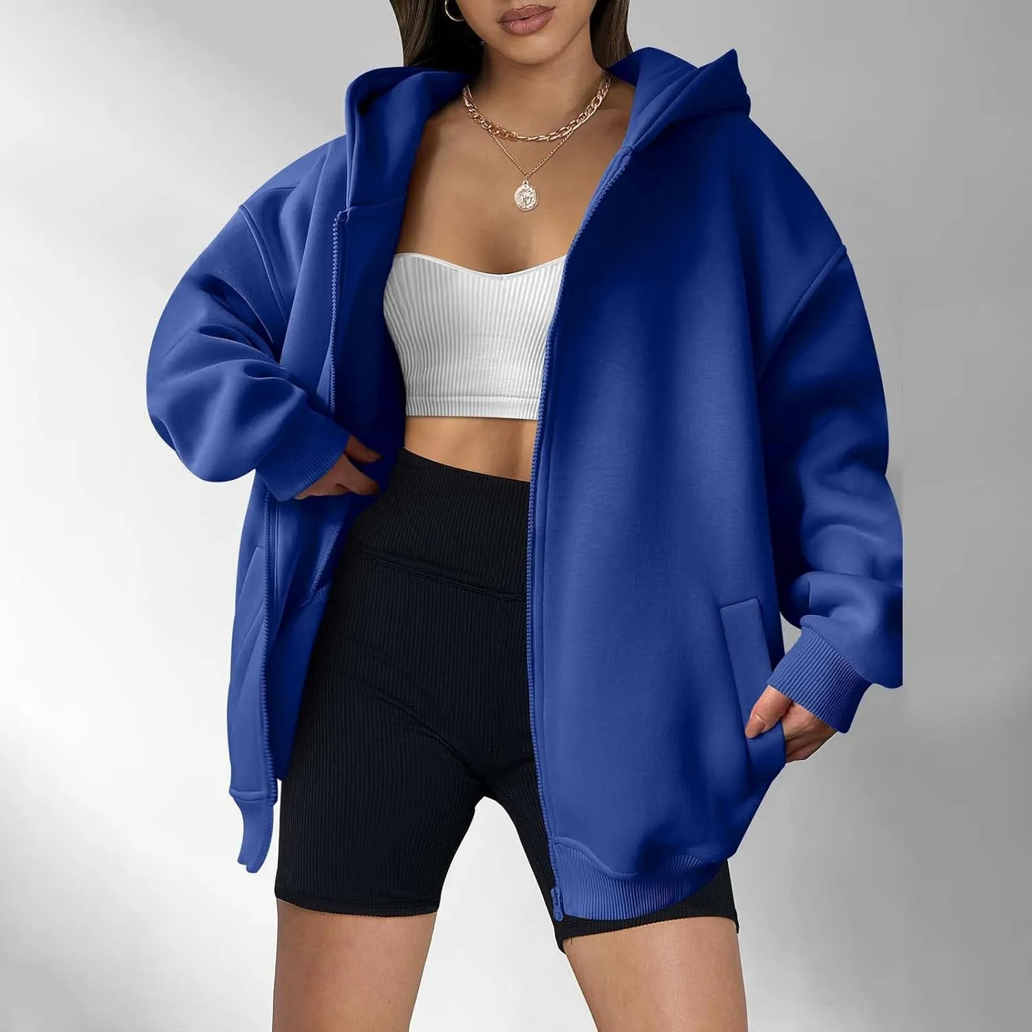 Women's Oversized Zip Up Hoodies Fleece Jacket Casual 2024 Fall Winter Hooded Sweatshirts Drawstring Y2K Hoodie