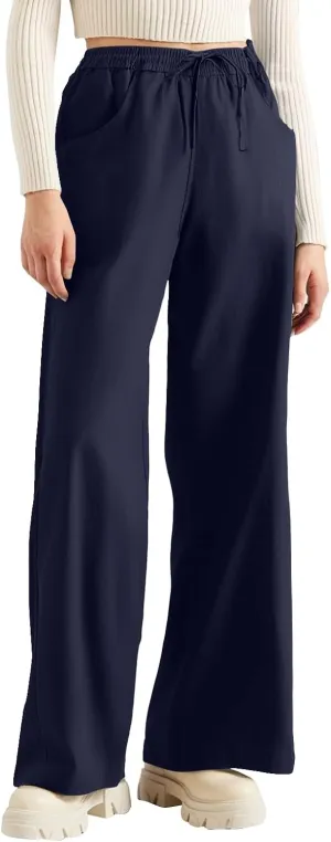 Women's Pants Flowy Long Wide Leg High Waisted Pants Casual Drawstring Pull On Beach Trousers with Pockets