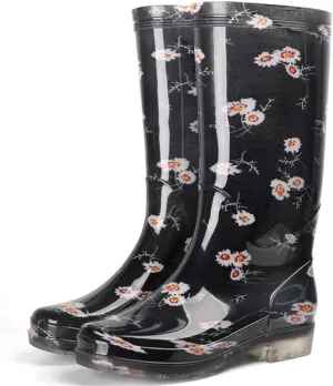 Women's Printed High Rainboots Waterproof Water Shoes Non-Slip PVC Rain Boots Black Flower 6.5