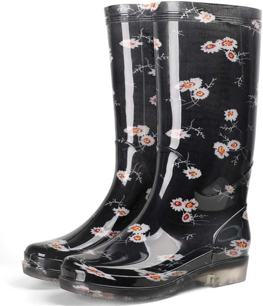 Women's Printed High Rainboots Waterproof Water Shoes Non-Slip PVC Rain Boots Black Flower 6.5