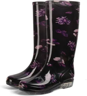 Women's Printed High Rainboots Waterproof Water Shoes Non-Slip PVC Rain Boots Black Purple 6.5