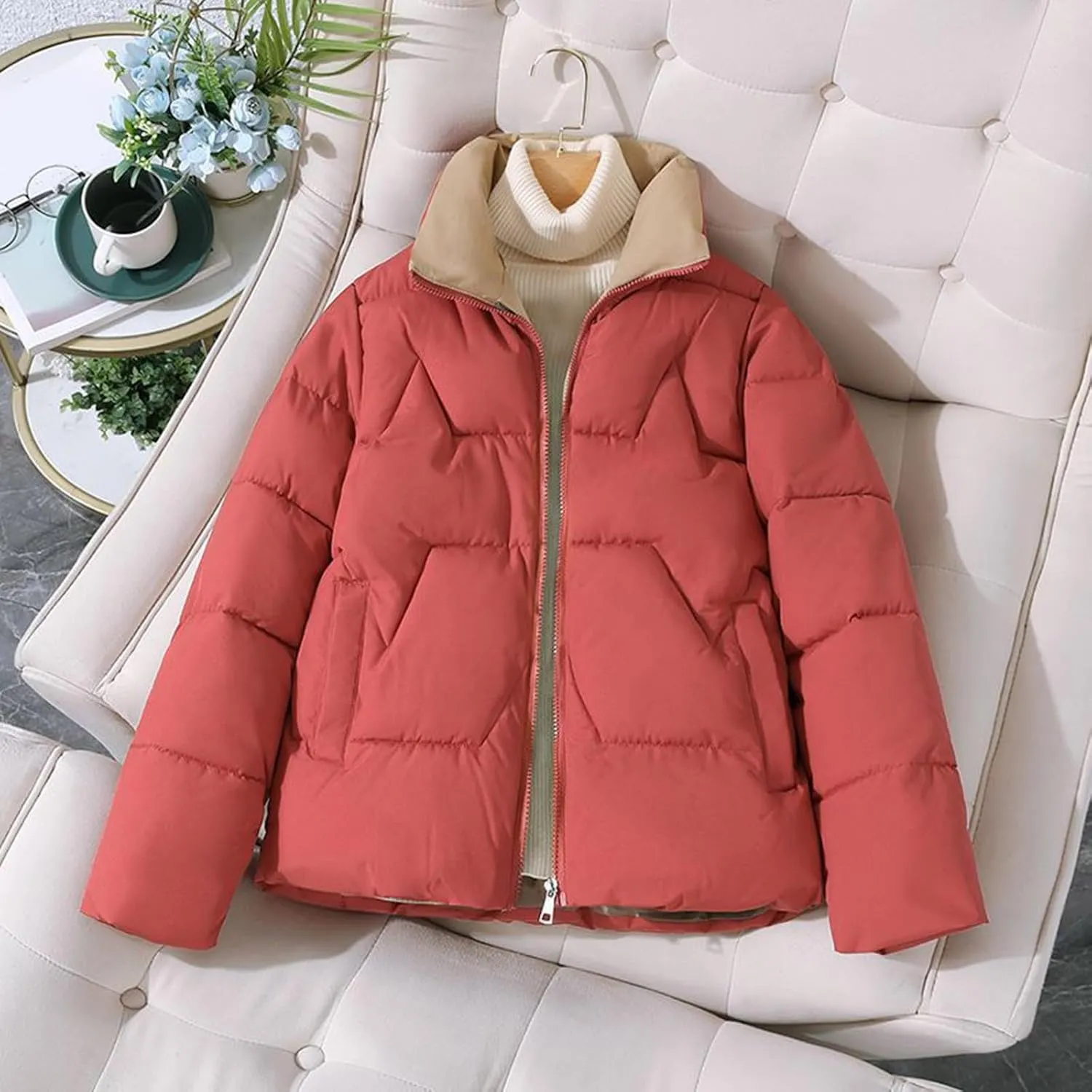 Women's Puffer Jackets Long Sleeve Winter Cropped Quilted Jacket Parka Zip Stand Collar Short Thicken Down Coats Girl