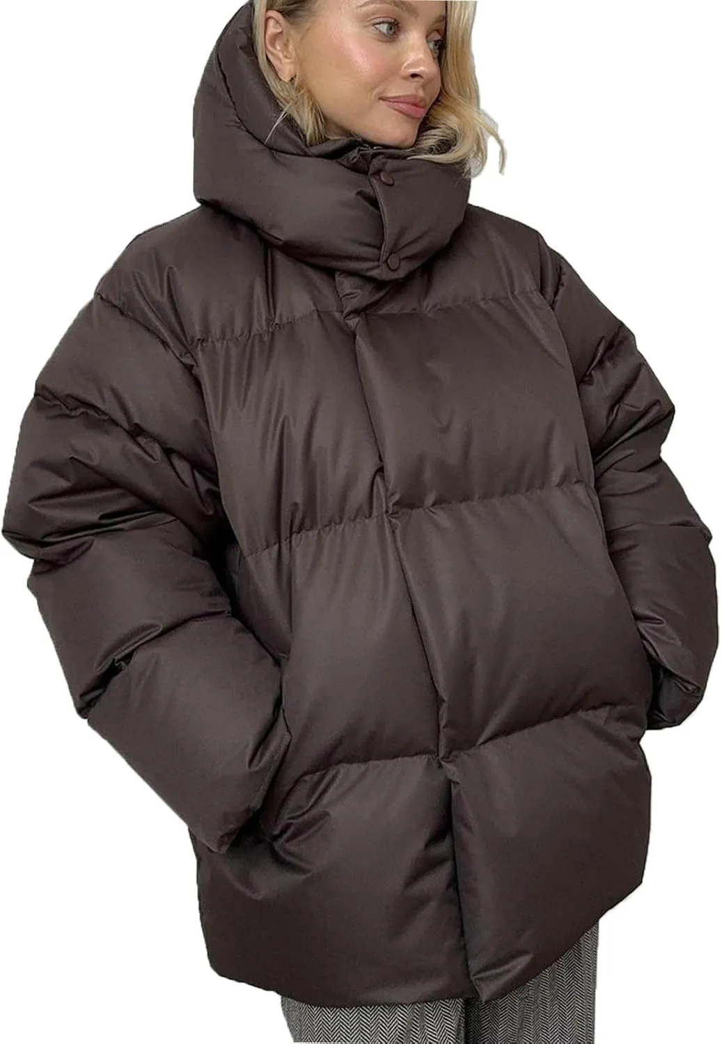 Womens Quilted Puffer Coat Hoodie Winter Oversized Mid-Length Padded Down Jacket Warm Heavyweight Bubble Outerwear