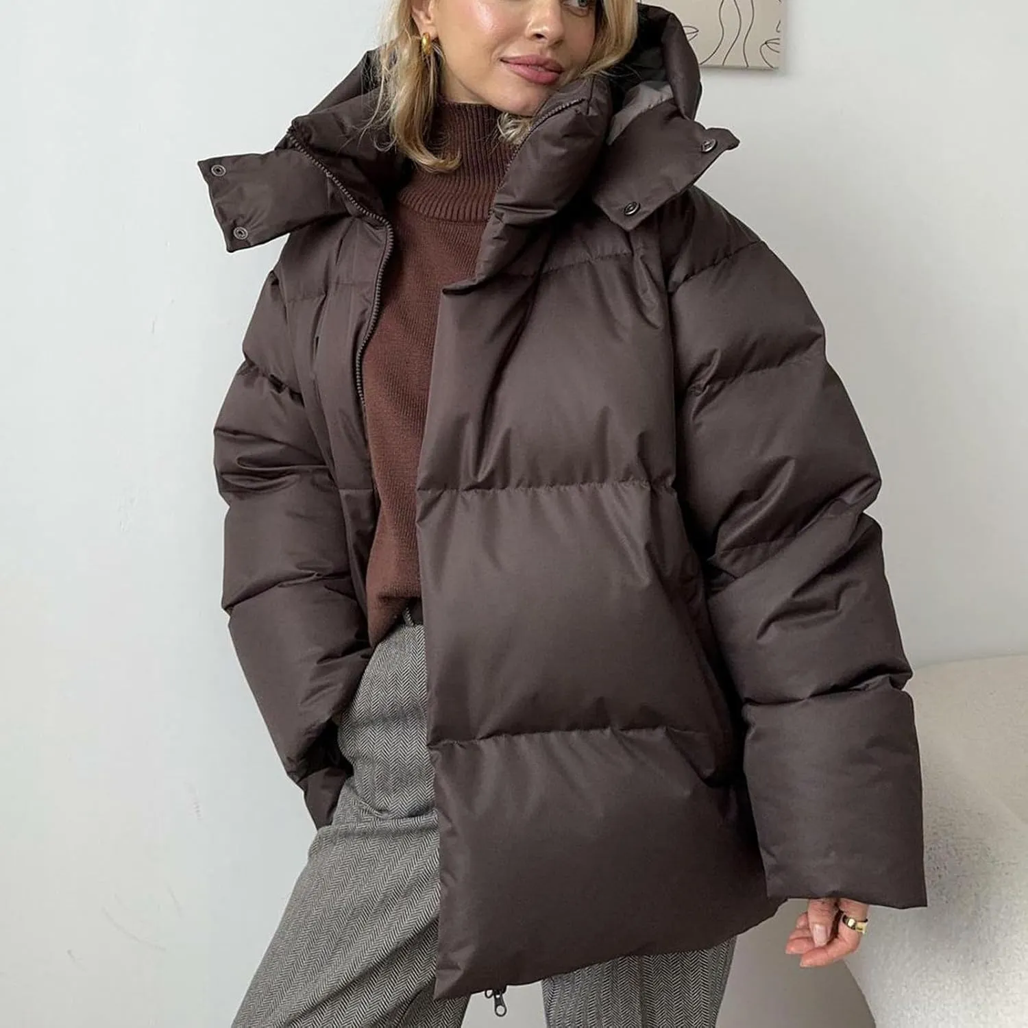 Womens Quilted Puffer Coat Hoodie Winter Oversized Mid-Length Padded Down Jacket Warm Heavyweight Bubble Outerwear