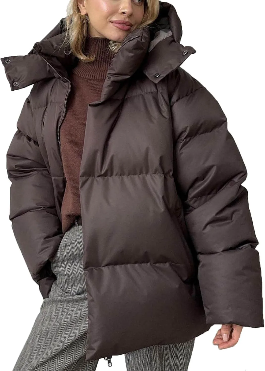 Womens Quilted Puffer Coat Hoodie Winter Oversized Mid-Length Padded Down Jacket Warm Heavyweight Bubble Outerwear