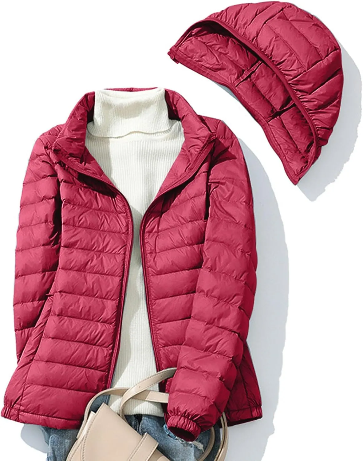 Women's Quilted Puffer Coat Packable Ultra Lightweight Duck Down Jackets Zip Up Outerwear with Removable Hood