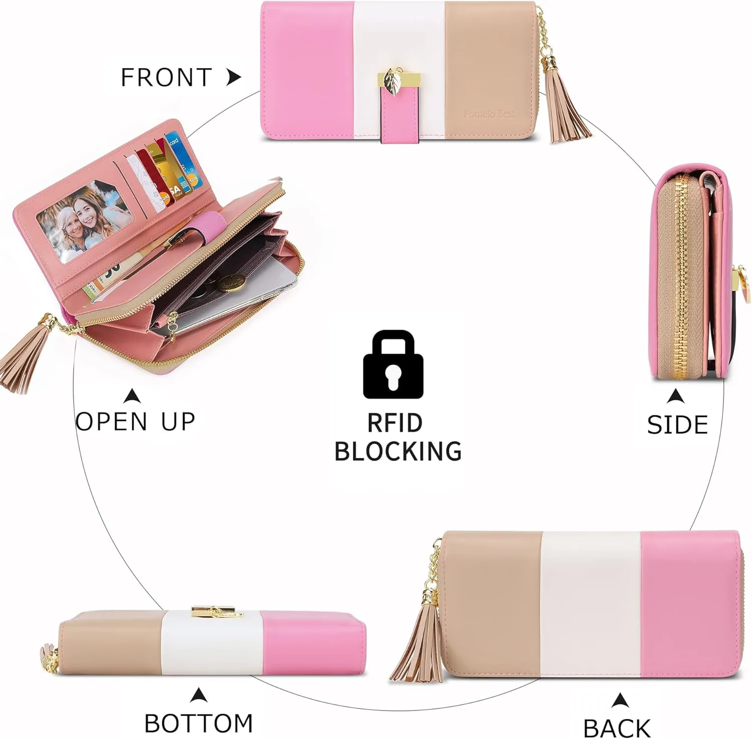 Womens RFID Blocking Wallets Large Capacity Wallets for Women with Multiple Card Holder and Cellphone Compartment, Yellowish Pink