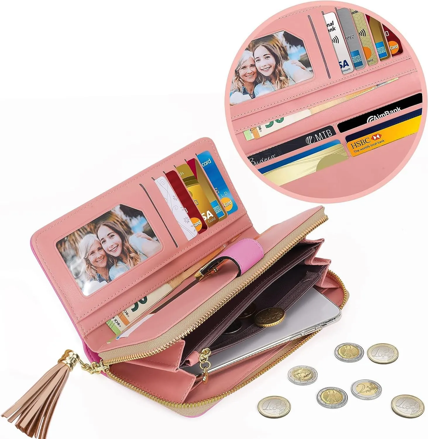 Womens RFID Blocking Wallets Large Capacity Wallets for Women with Multiple Card Holder and Cellphone Compartment, Yellowish Pink