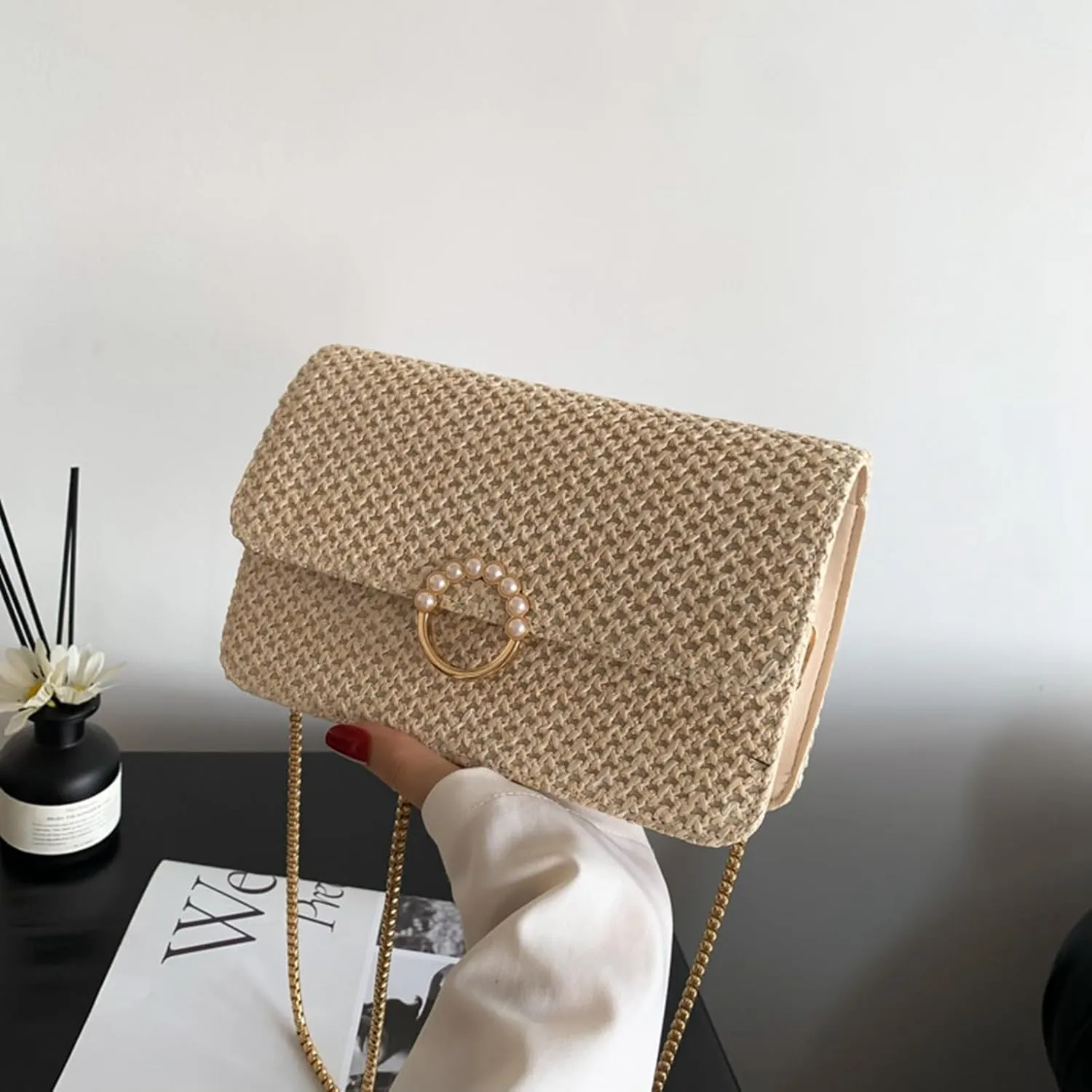 Women's Straw Crossbody Bag Shoulder Bag Satchel Chain Purse Evening Clutch Handbag for Women (Khaki)