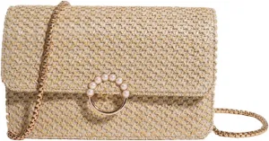 Women's Straw Crossbody Bag Shoulder Bag Satchel Chain Purse Evening Clutch Handbag for Women (Khaki)