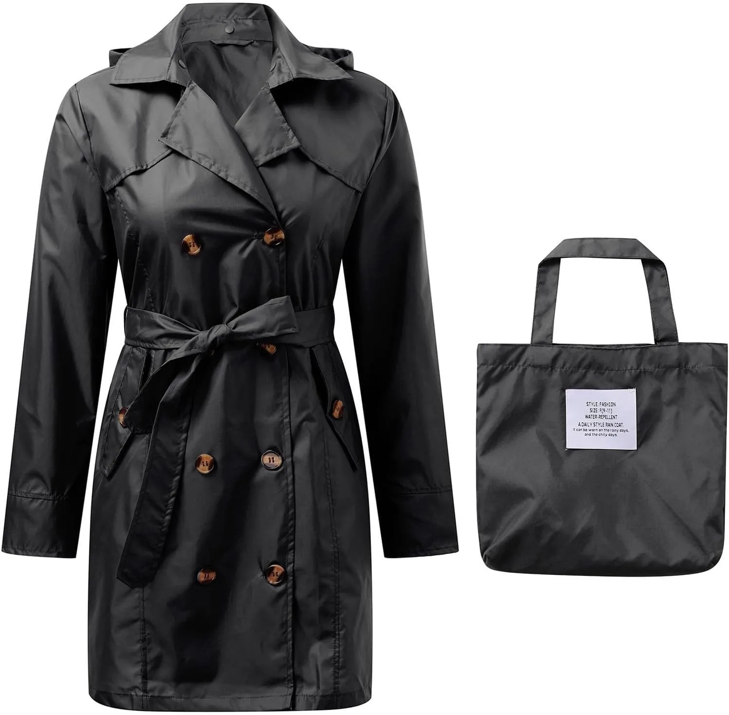 Women's Trench Coat Double-Breasted Classic Notched Lapel Overcoat Belted Slim Outerwear Coat with Detachable Hood