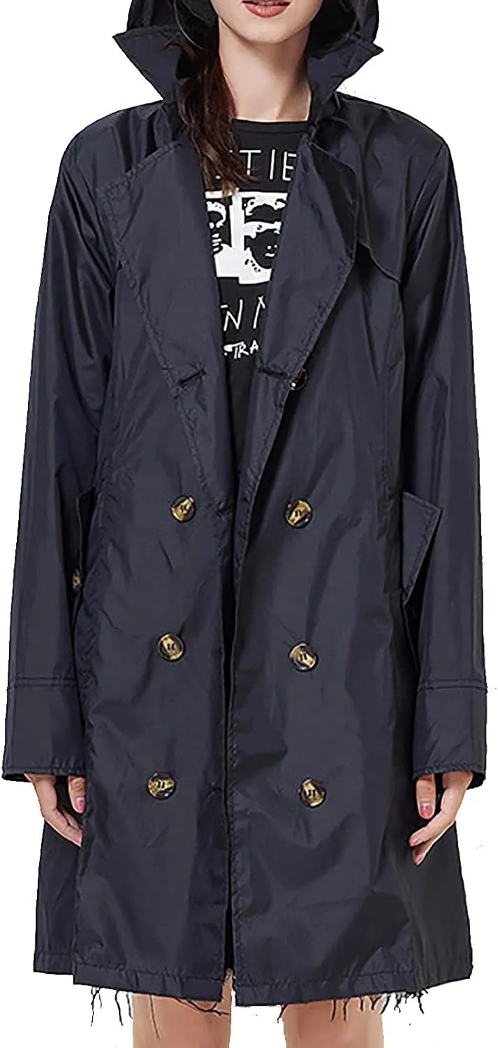 Women's Trench Coat Double-Breasted Classic Notched Lapel Overcoat Belted Slim Outerwear Coat with Detachable Hood