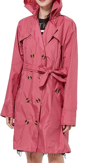 Women's Trench Coat Double-Breasted Classic Notched Lapel Overcoat Belted Slim Outerwear Coat with Detachable Hood