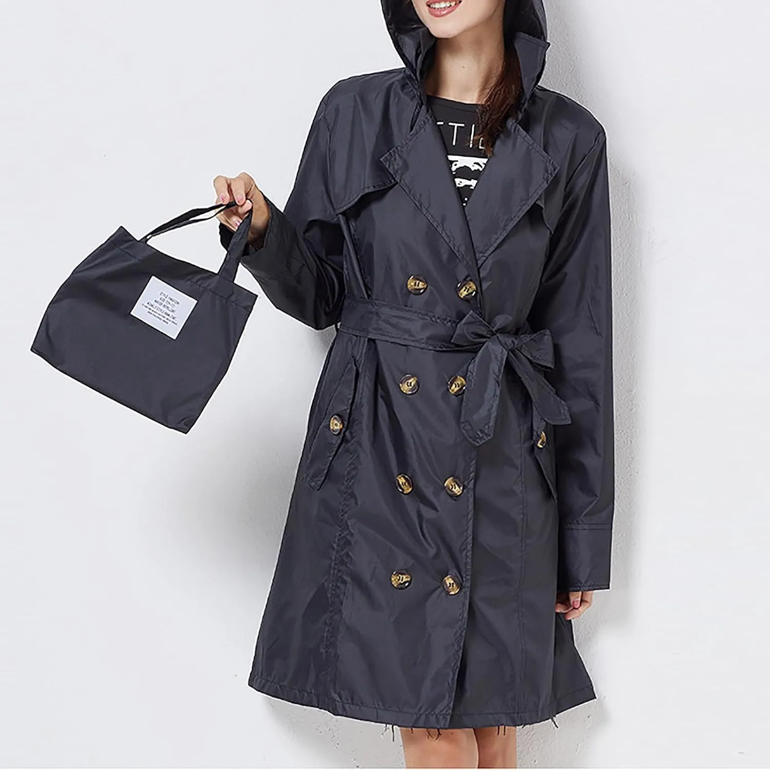 Women's Trench Coat Double-Breasted Classic Notched Lapel Overcoat Belted Slim Outerwear Coat with Detachable Hood