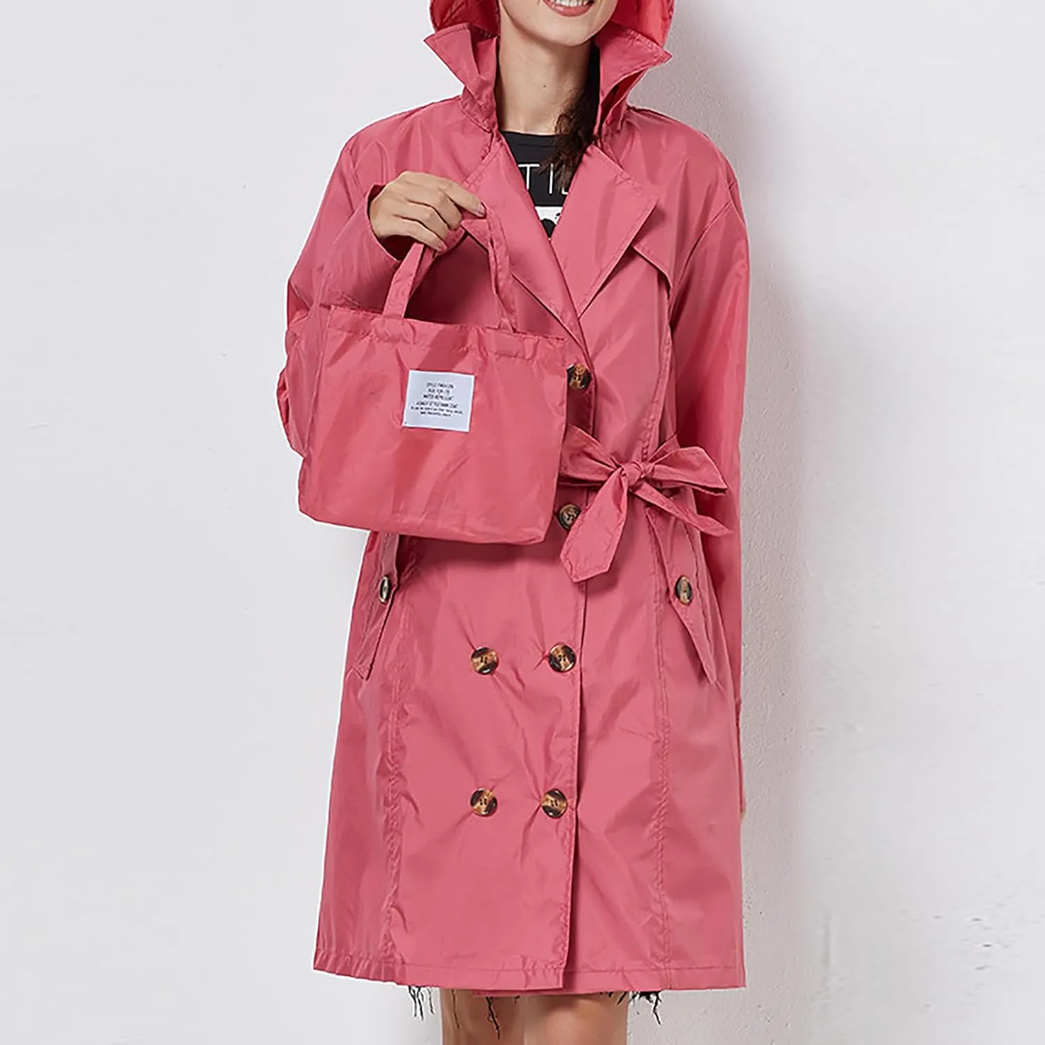 Women's Trench Coat Double-Breasted Classic Notched Lapel Overcoat Belted Slim Outerwear Coat with Detachable Hood