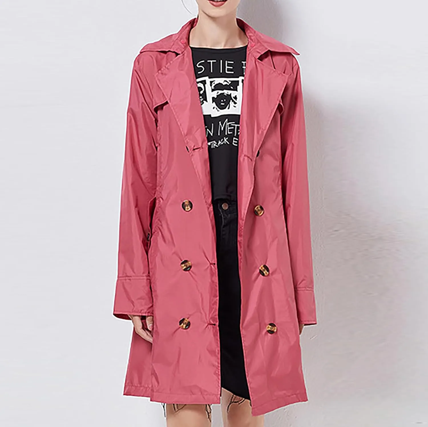 Women's Trench Coat Double-Breasted Classic Notched Lapel Overcoat Belted Slim Outerwear Coat with Detachable Hood
