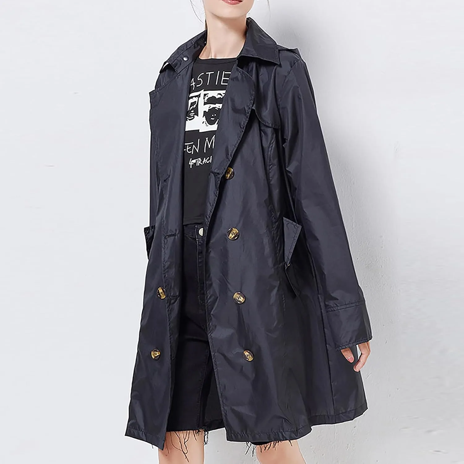 Women's Trench Coat Double-Breasted Classic Notched Lapel Overcoat Belted Slim Outerwear Coat with Detachable Hood