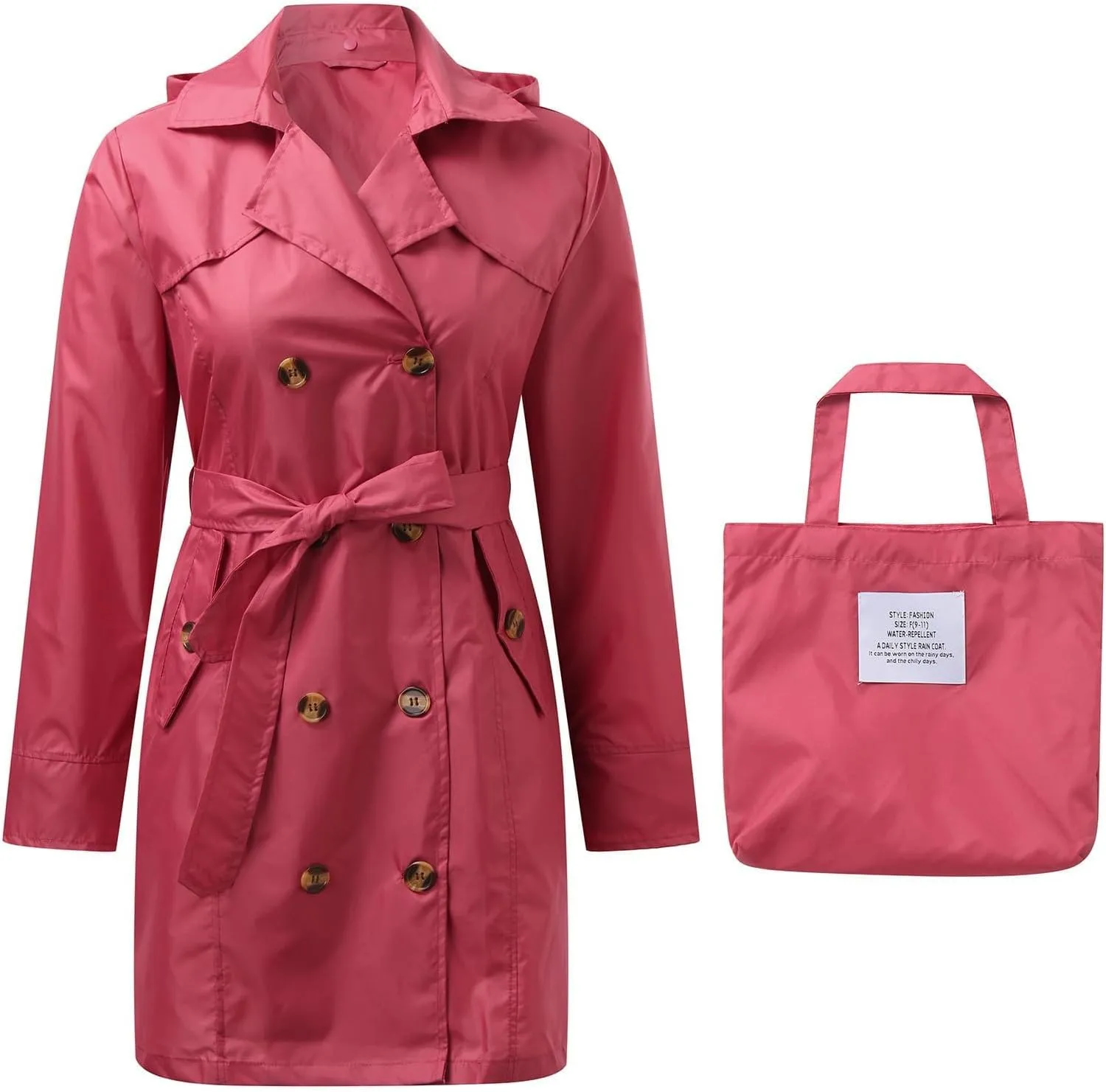 Women's Trench Coat Double-Breasted Classic Notched Lapel Overcoat Belted Slim Outerwear Coat with Detachable Hood