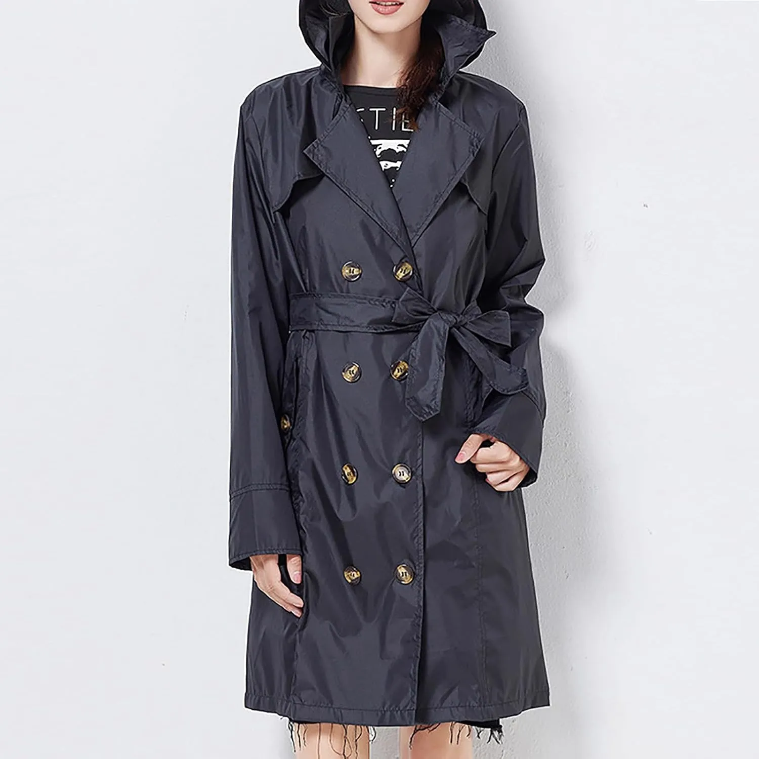 Women's Trench Coat Double-Breasted Classic Notched Lapel Overcoat Belted Slim Outerwear Coat with Detachable Hood