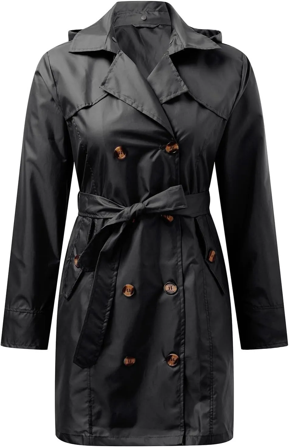 Women's Trench Coat Double-Breasted Classic Notched Lapel Overcoat Belted Slim Outerwear Coat with Detachable Hood