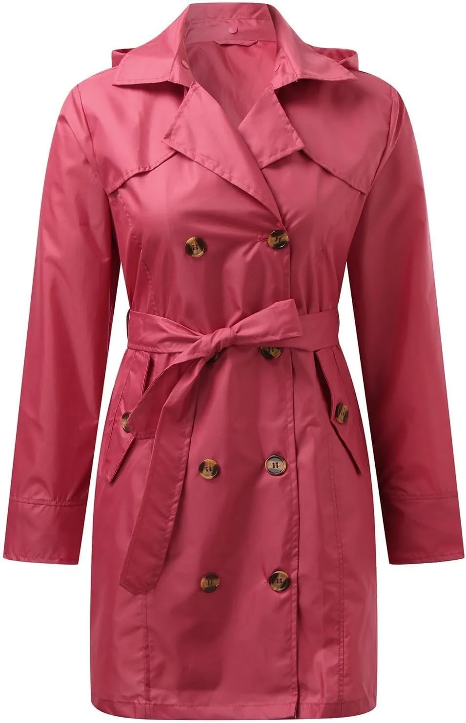 Women's Trench Coat Double-Breasted Classic Notched Lapel Overcoat Belted Slim Outerwear Coat with Detachable Hood