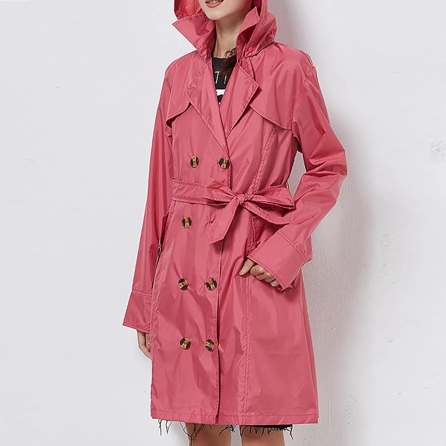 Women's Trench Coat Double-Breasted Classic Notched Lapel Overcoat Belted Slim Outerwear Coat with Detachable Hood