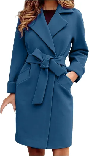 Women's Trendy Trench Coat Lapel Woolen Cloth Coats Dressy Casual Fall Winter Jackets Formal Long Overcoat