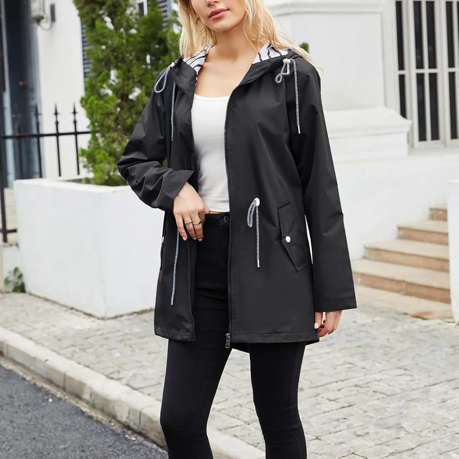 Women's Waterproof Raincoats with Hood Lightweight Zip Up Windbreaker Trendy Rain Jackets Outdoor Hiking Trench Coats